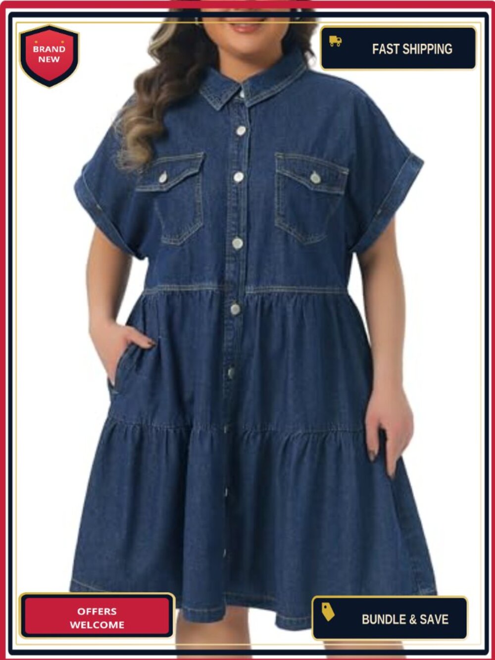 Plus Size Denim Babydoll Dress Button Down Short Sleeve Tiered Pockets